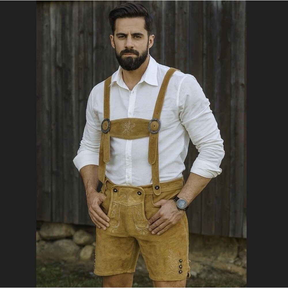 Edelnice Oktoberfest Lederhosen Shorts Suede Men 58 EU Lined Tan Suspenders 42"